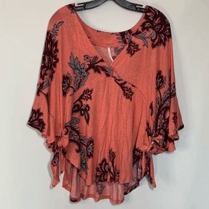 Free People Women's Floral Knot Asymmetrical Hem Flowy Orange Top Size S
